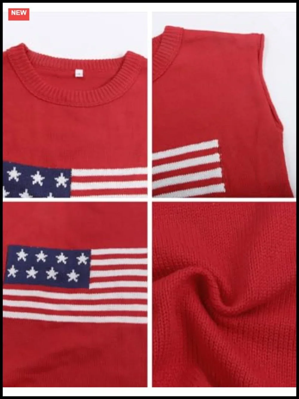 Acrylic Cap Sleeve Sweater Vest Crew Neck Patriotic Knit Top